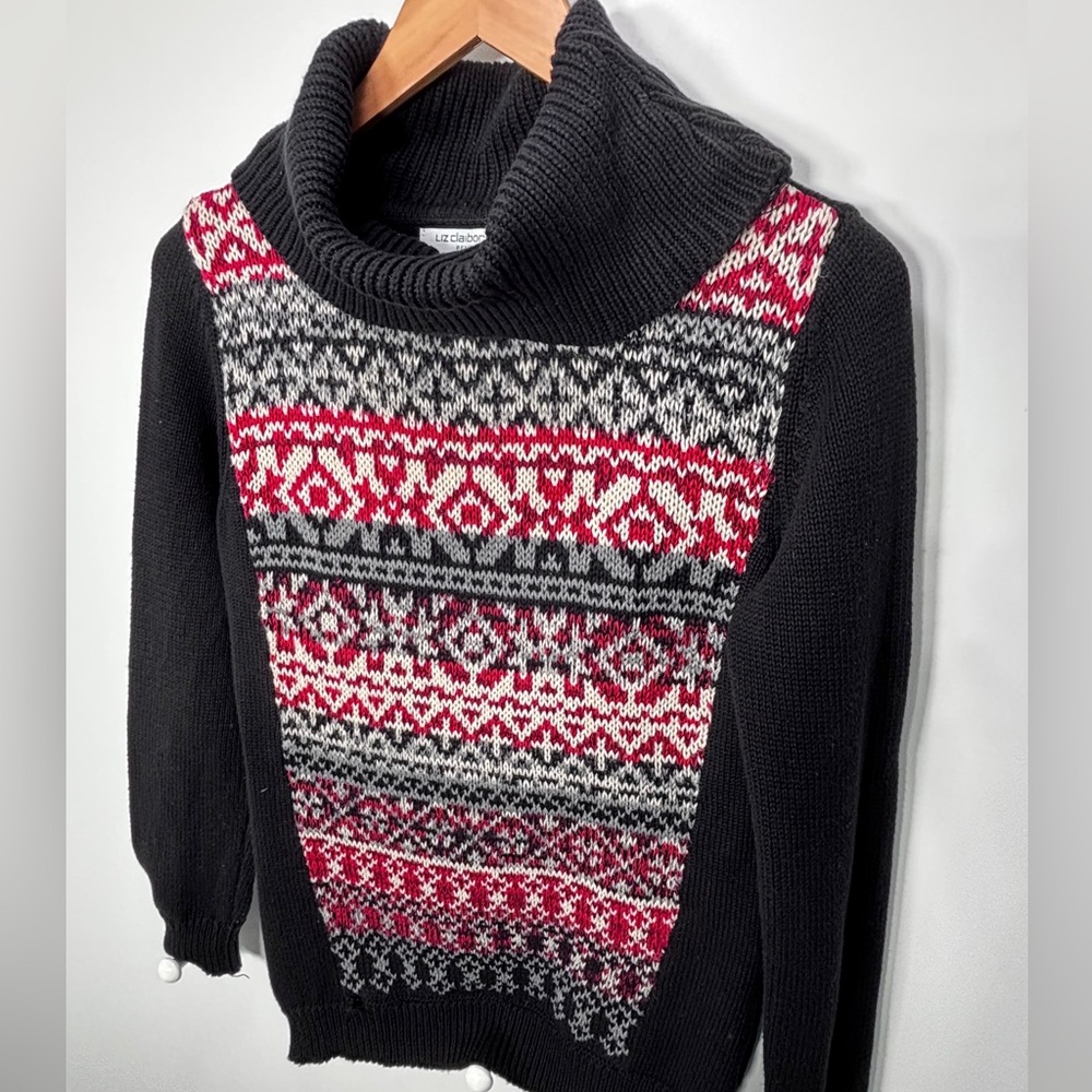 Liz Claiborne Fair Isle Sweater Womens MP Black Red Cross High Neck Mini Cowl